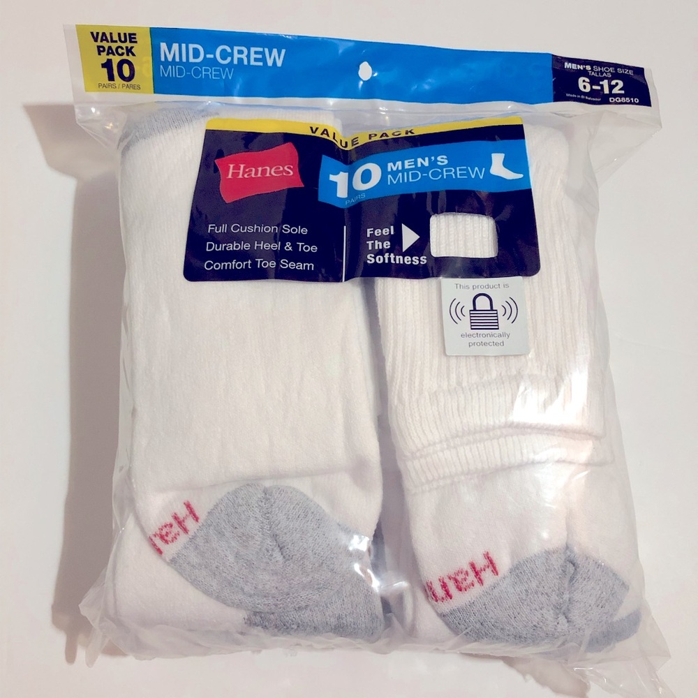NEW HANES Mid Crew Socks Value Pack 10 PAIRS White Shoe Size 6 - 12 Men’s